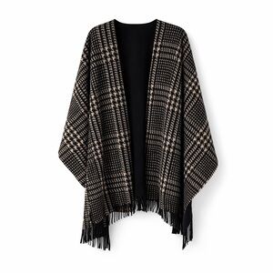 Houndstooth Plaid Ruana Wrap Fringe Shawl Black White Lightweight Layer